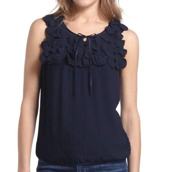 Anthropology Lief Notes Navy Chiffon Pleated Sleeveless Top - Picture 2 of 10
